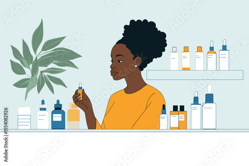 African woman applying vitamin C serum with dropper vector illustration