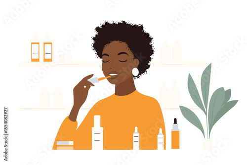 African woman applying vitamin C serum with dropper vector illustration