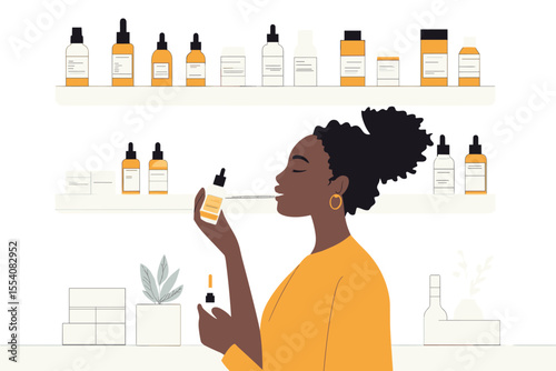 African woman applying vitamin C serum with dropper vector illustration