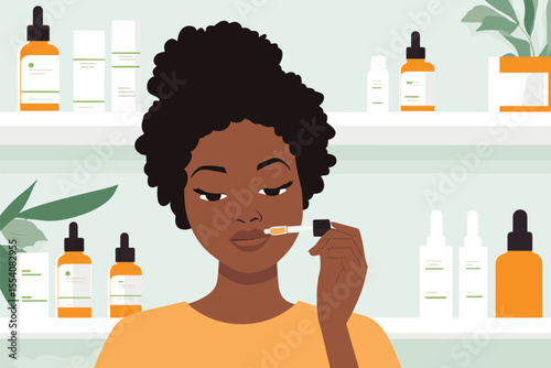 African woman applying vitamin C serum with dropper vector illustration
