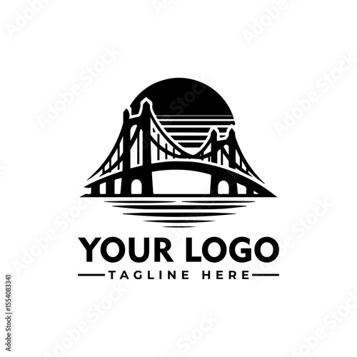 Silhouette of a bridge over water with a sun or moon in the background, presented as a logo.