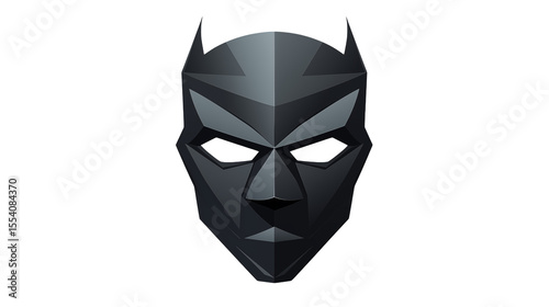 Angular gray mask evokes mystery, darkness, and a sense of vigilant protection on a black canvas.