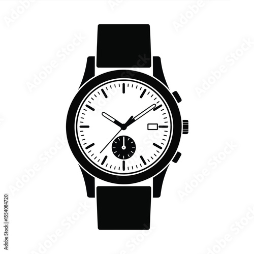 Black and white illustration of a wristwatch with leather band