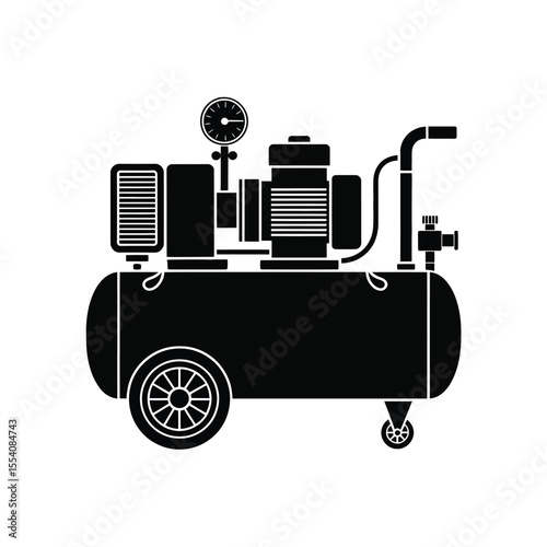 Air compressor silhouette with pressure gauge and wheels on white background