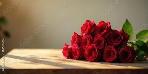 A Delicate Arrangement of Deep Red Roses Resting on a Wooden Surface Bathed in Warm Sunlight