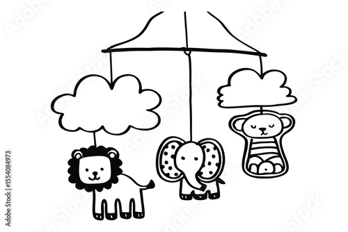 Adorable black and white baby mobile illustration with cute animal figures including lion elephant and monkey designs.