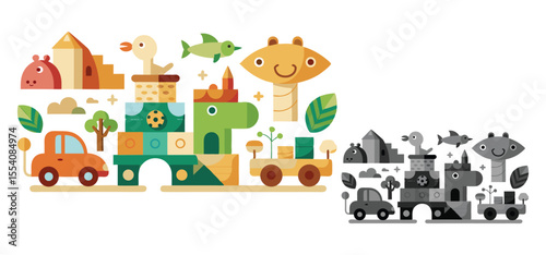 A colorful vector illustration of a fun and playful cityscape composed of building blocks and animated characters