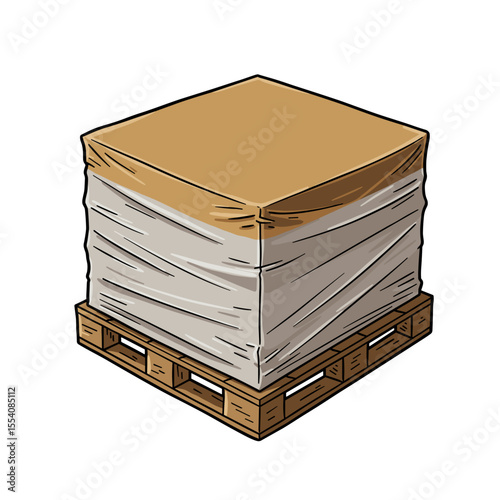 Pallet with wrapped goods isolated on white background  