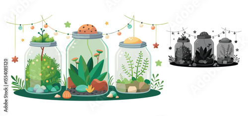 Adorable illustrations of terrariums containing vibrant plants displayed with decorative lights and creative decorations on a white background.