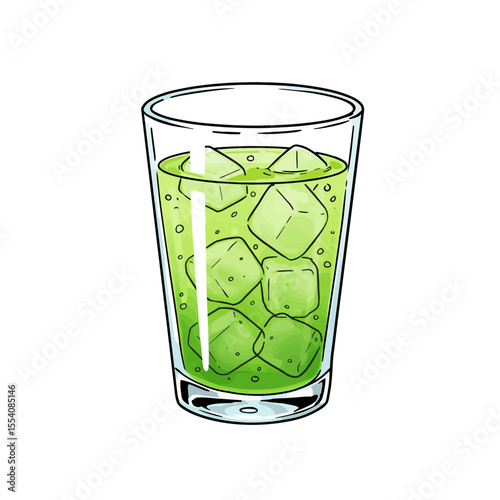 Melon soda in glass with ice cubes on white background  