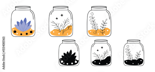 Adorable illustrations of various plants and flowers growing inside clear glass jars with decorative embellishments and designs.