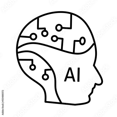 AI brain: head silhouette with electronic circuits and "AI" text. Represents artificial intelligence, digital mind, future technology, and intelligent systems.