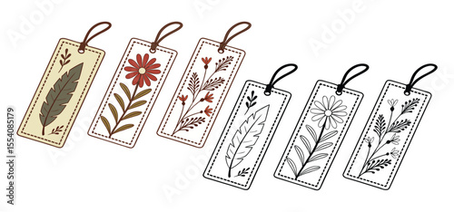 An artistic collection of decorative bookmarks with botanical and floral designs on a white background for reading