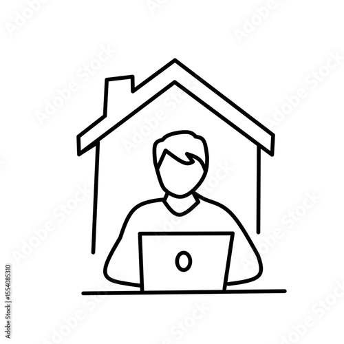 Line icon of remote work from home with cloud and laptop, symbolizing online job, telecommuting, and virtual work environment in modern digital lifestyle.	