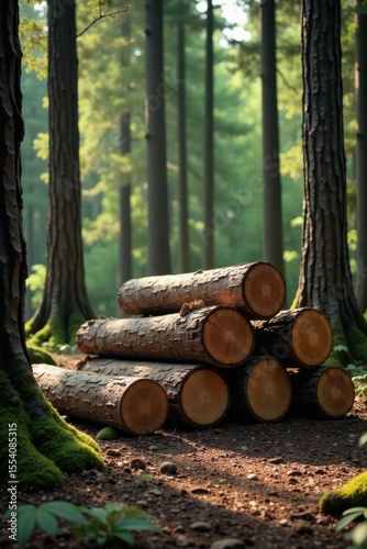 Stack of freshly cut logs rests in a sun-dappled forest clearing amongst mossy tree roots