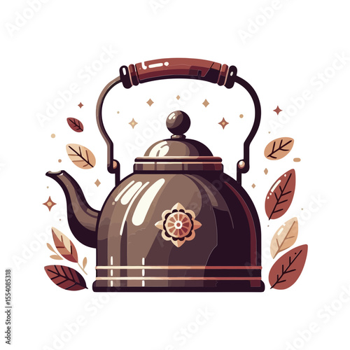 This illustration of a rustic kettle with leaves is perfect for websites or blogs about tea, kitchenware, cozy home themes, autumn, or traditional beverages.

