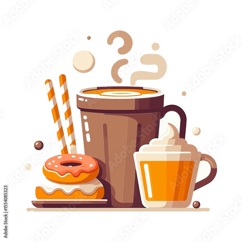 This delightful illustration of hot drinks and donuts is perfect for coffee shop websites, food blogs, or content about breakfast, snacks, or cozy moments.

