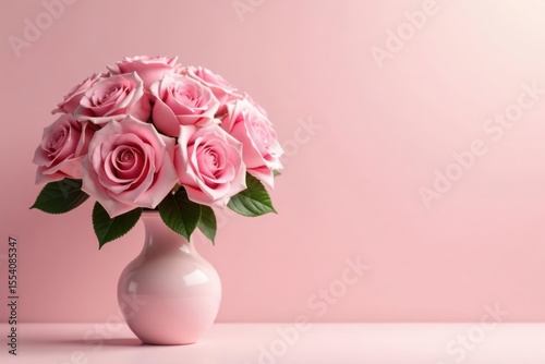 A delicate bouquet of pale pink roses arranged in a matching vase against a soft pink backdrop, symbolizing elegance and serenity