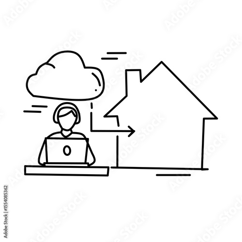 Line icon of remote work from home with cloud and laptop, symbolizing online job, telecommuting, and virtual work environment in modern digital lifestyle.