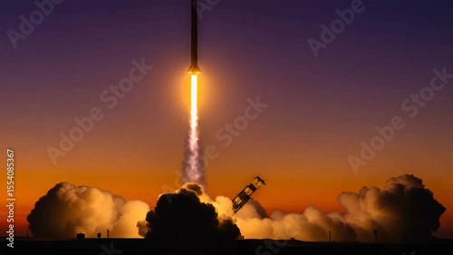 Rocket Launch at Sunset with Dramatic Sky and Smoke Effects