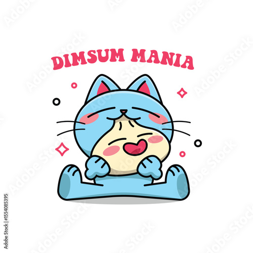 KAWAII BLUE CAT IS EATING A CUTE DIMSUM CARTOON DESIGN