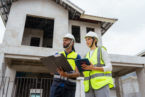 Two construction workers are standing in front of a building. One of them is holding a clipboard and the other is holding a tablet