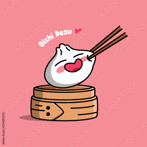 KAWAII SMILING DIMSUM CLIPPED BY CHOPSTICKS CARTOON DESIGN