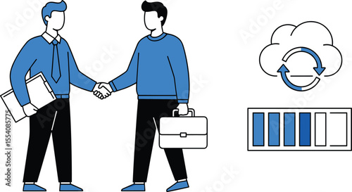Businessmen Shaking Hands on Cloud Computing Partnership for Data Synchronization and Progress Tracking