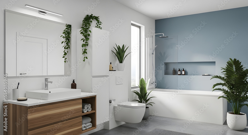 Obraz premium Modern, clean bathroom interior features white tiles, a sleek sink, and a large mirror, embodying contemporary luxury home design