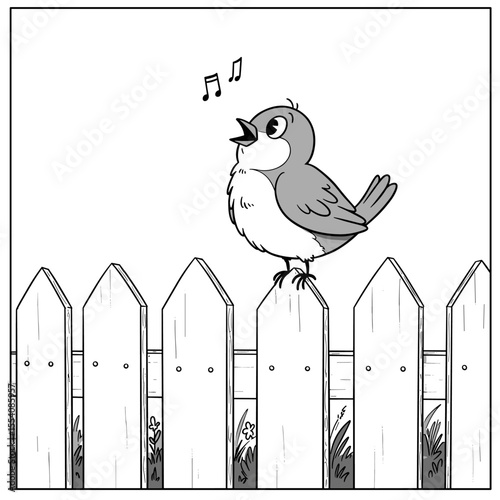 A charming cartoon bird with grey and white plumage sings atop a wooden picket fence as musical notes drift above, framed by grass and small flowers.