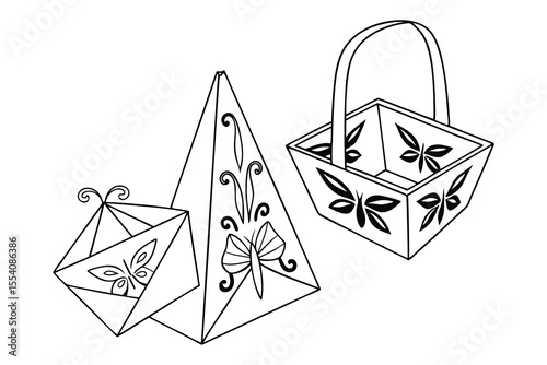 Black and white illustrations depicting geometric basket and containers adorned with butterfly and ornamental designs on white background