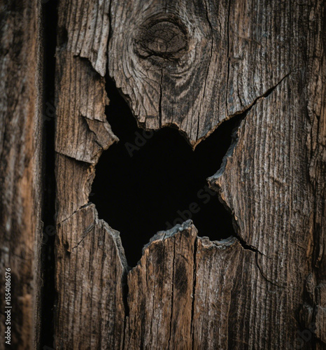 Cracked and broken wood panel with a dark hole