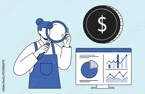 Woman Analyzing Financial Data and Market Trends on a Computer Screen for Investment Opportunities and Monetary Growth