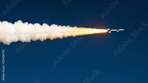 Rocket Launching into Clear Sky with Smoke Trail Behind