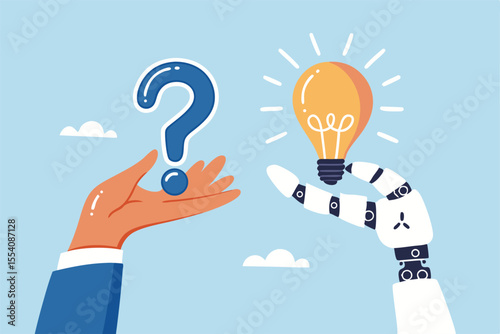 Artificial intelligence AI to help solve problem, chatbot or machine learning to answer hard question, assistance service, technology to help concept, human hand with question mark and AI answer.
