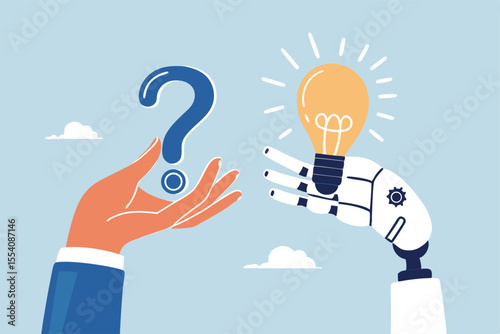Artificial intelligence AI to help solve problem, chatbot or machine learning to answer hard question, assistance service, technology to help concept, human hand with question mark and AI answer.