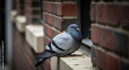 A lone pigeon rests on a concrete ledge in front of a brick wall and window