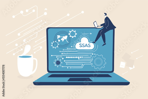SaaS software as a service, cloud computing software for client subscription, internet web application online platform provider concept, businessman working with computer laptop on SaaS screen.