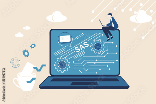 SaaS software as a service, cloud computing software for client subscription, internet web application online platform provider concept, businessman working with computer laptop on SaaS screen.