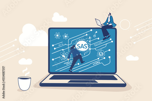 SaaS software as a service, cloud computing software for client subscription, internet web application online platform provider concept, businessman working with computer laptop on SaaS screen.