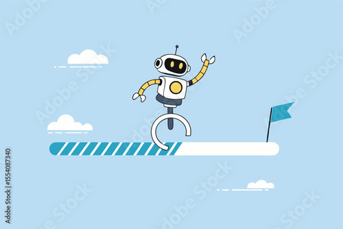 AI artificial intelligence implementation progress, adoption or evolution to improve AI innovation, learning or change to optimize success concept, smart AI robot run on progress bar to reach target.