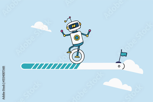 AI artificial intelligence implementation progress, adoption or evolution to improve AI innovation, learning or change to optimize success concept, smart AI robot run on progress bar to reach target.