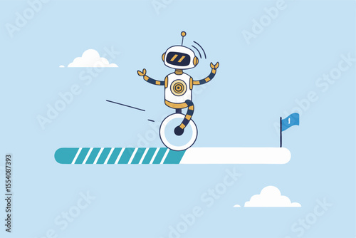 AI artificial intelligence implementation progress, adoption or evolution to improve AI innovation, learning or change to optimize success concept, smart AI robot run on progress bar to reach target.