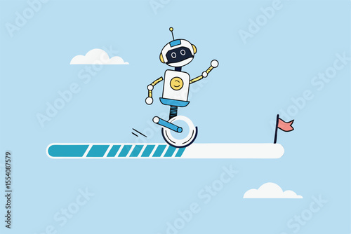 AI artificial intelligence implementation progress, adoption or evolution to improve AI innovation, learning or change to optimize success concept, smart AI robot run on progress bar to reach target.