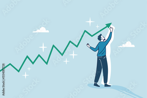 Financial growth, business up rising or growing well, planning to progress and increase profit, success achievement strategy concept, businessman drawing financial growing growth graph diagram.