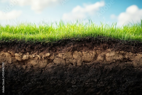 Soil layers under green grass show texture. Great for agriculture, science, or land concept.