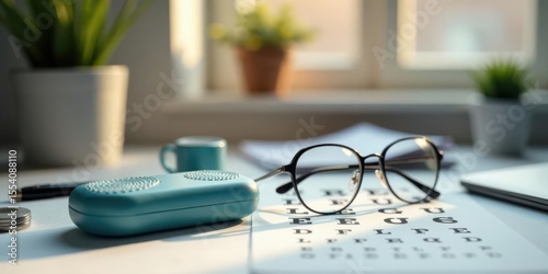 Eyeglasses resting on an eye chart near a teal case and pen on a table