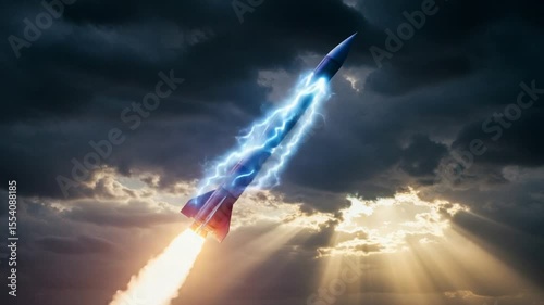 Rocket launching into stormy skies with dramatic lightning effects