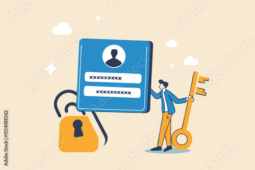 Strong password for cyber security, high protection and safety for login account, secure data privacy, online authentication concept, businessman hold key with user account lock with strong lock pad.