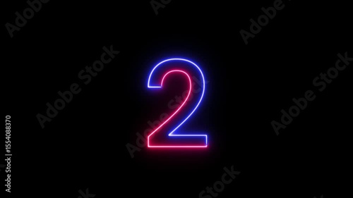 neon glowing text 2 number countdown icon on black background 4k animation. Neon number 2 with alpha channel,